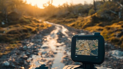 Fototapeta premium Off-road GPS Device Guiding Rugged Adventure Navigation Across Wilderness Landscape