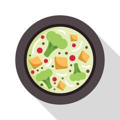 Broccoli cheese soup being served in a bowl with a modern flat design