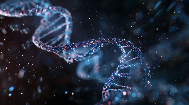 DNA strand spinning over dark background in futuristic