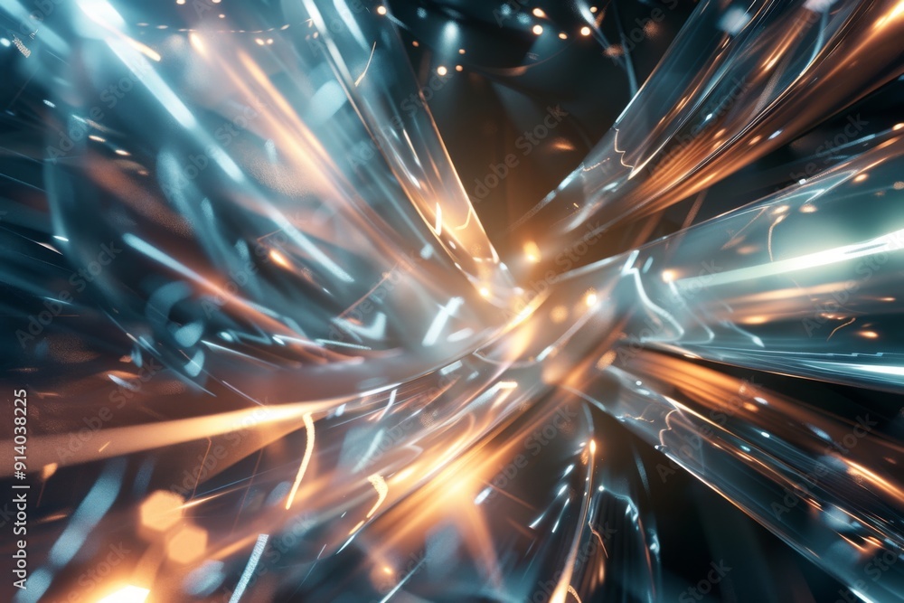 Poster futuristic 3d scene with abstract shapes and light beams, creating a vibrant scifi environment