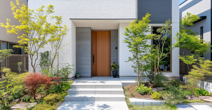 白い外観のモダンな家と植栽のイメージ