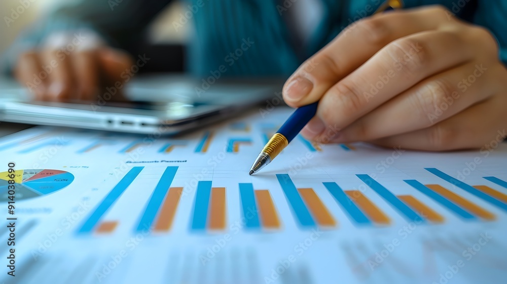 Aufkleber analyzing financial data using charts and graphs on office desk