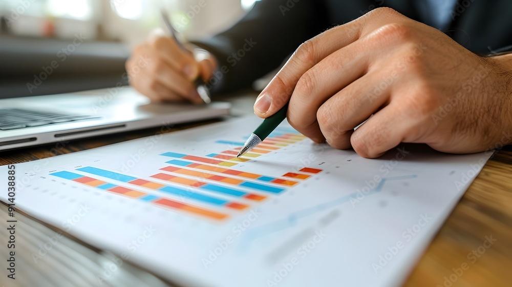 Poster analyzing business data with charts and graphs on a desktop