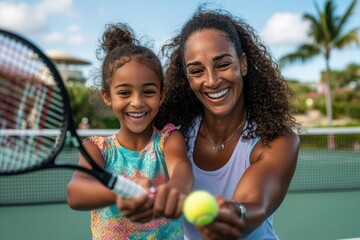 A joyful mother and her young daughter share a special moment playing tennis on an outdoor court, laughing and enjoying quality time together under a clear sky.