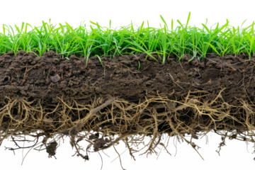 Cross section of soil layers with root structure of green grass isolated on white background. Underground view of roots system
