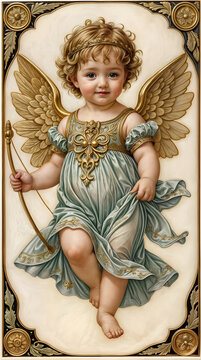 Smiling baby cupid holding a golden bow, wearing a muslin