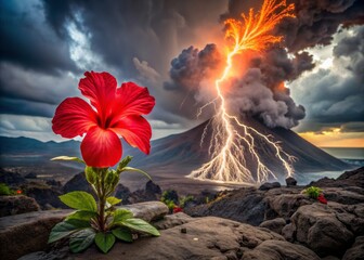 Dramatic red hibiscus blooms amidst volcanic fury, with lightning illuminating the dark sky as molten lava flows in the misty, rugged, otherworldly landscape background.
