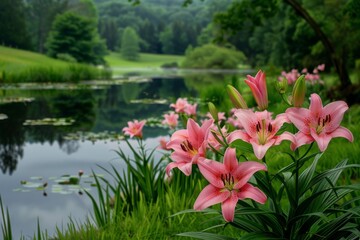 Fototapeta premium Pink lilies in full bloom within a verdant green meadow, showcasing the splendor of nature in spring