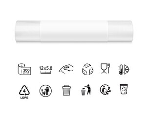 Clear plastic food storage roll bag mockups with paper label, recycling icons set. High realistic. Vector illustration isolated on white background. Ready for use in presentation, advertising. EPS10.