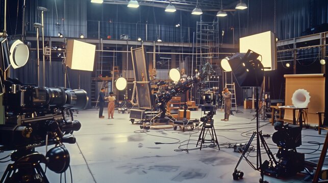 Film crew is setting up the sound stage, getting ready to shoot a scene for a movie using various pieces of equipment, including cameras and lighting
