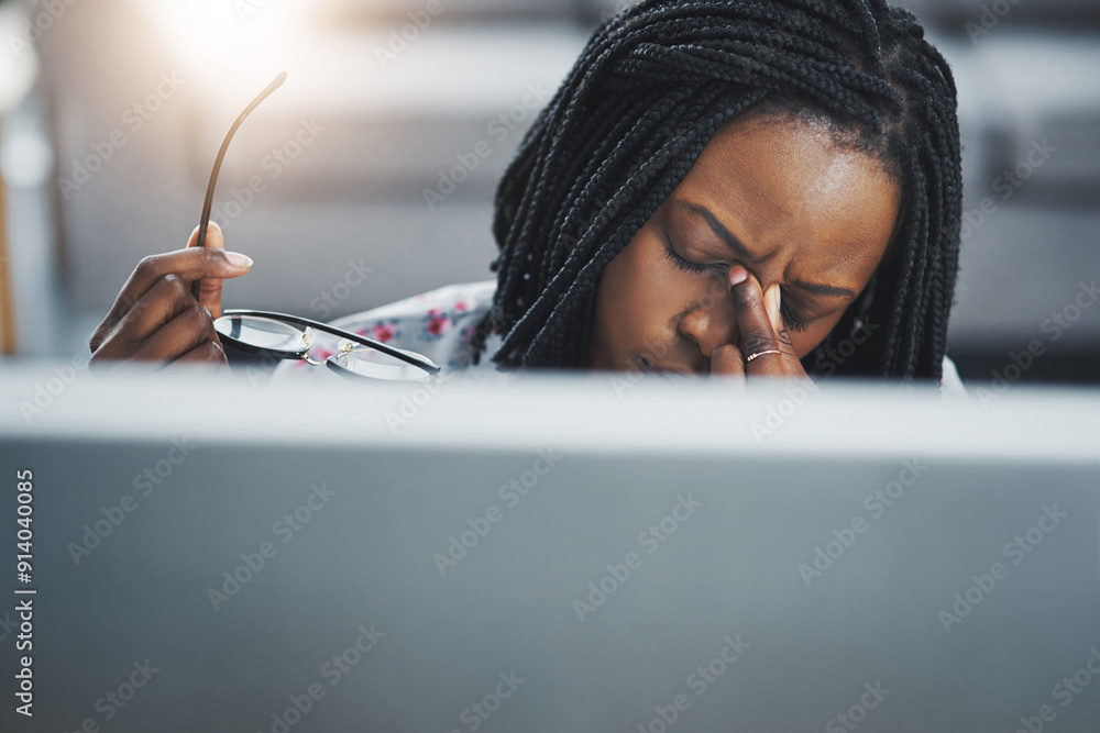 Poster Black woman, headache and computer with burnout and stress from corporate project issue. Brain fog, accounting employee and anxiety from tax deadline and tired from workspace problem with eye strain