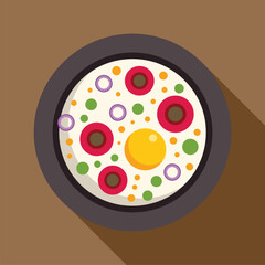 Round plate showing delicious fried egg with vegetables and spices for breakfast, flat design icon