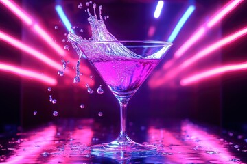 Martini splashing out of glass on table in neon lights with generative ai