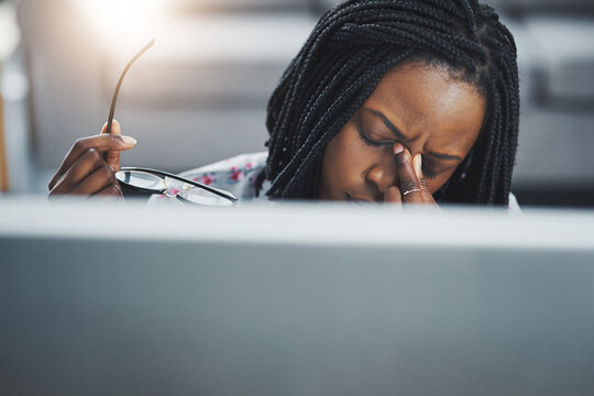 Black woman, headache and computer with burnout and stress from corporate project issue. Brain fog, accounting employee and anxiety from tax deadline and tired from workspace problem with eye strain