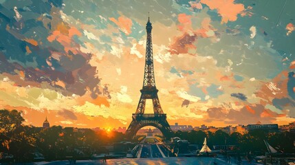 Dramatic Sunset Over the Eiffel Tower in Paris,France