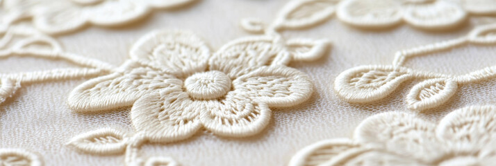 Obraz premium Close-up of delicate ivory lace embroidery with floral patterns, ideal for wedding dress designs and bridal fashion concepts