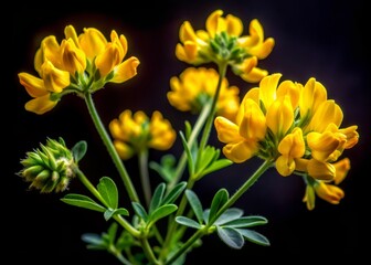 Vibrant yellow blooms of Hippocrepis emerus subsp emeroides, a rare Coronilla-like vetch, contrast beautifully against a dark, mysterious black background, highlighting its delicate details.
