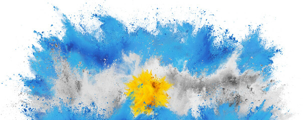 colorful flag of argentina  with yellow bright cyan  blue color holi paint powder explosion...