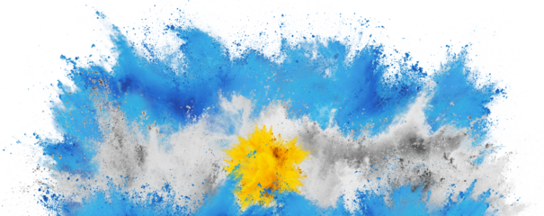 colorful flag of argentina  with yellow bright cyan  blue color holi paint powder explosion isolated white background. argentinian party soccer  symbol travel and tourism in south america concept.
