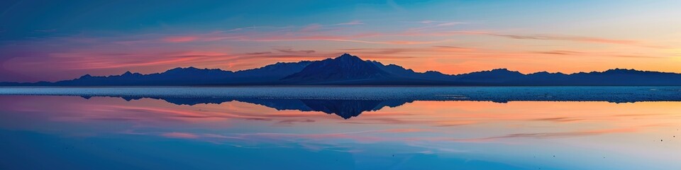Fototapeta premium Serene Twilight Sky Gradient over Reflective Salt Flat with Mountain Silhouettes