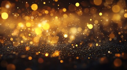 Fototapeta premium Gold sparkles in a viscous fluid have the effect of advection with the depth of focus and bokeh, while gold particles shimmer in the air. 3D model. Generative AI