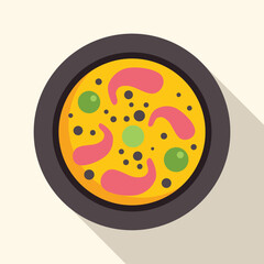 Spanish paella with shrimps, peas and spices, traditional food from spain, delicious meal served in a pan