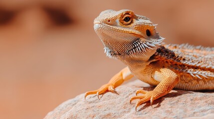 Close-Up of a Bearded Dragon Lizard on a Rock in a Desert Environment with Warm Tones and Detailed Texture
