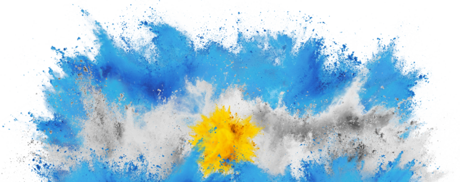 colorful flag of argentina  with yellow bright cyan  blue color holi paint powder explosion isolated white background. argentinian party soccer  symbol travel and tourism in south america concept.