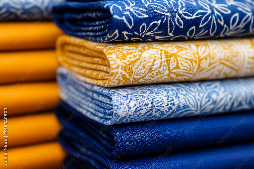Aufkleber stack of colorful patterned fabrics representing textile art for summer crafts and diy projects