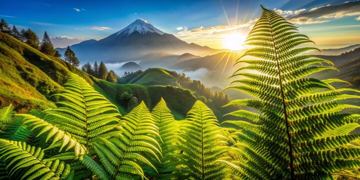 Vibrant green fern leaves glisten in the soft morning sunlight on Sikunir Hill, Dieng, Central Java, capturing the serene beauty of Indonesia's natural landscape.