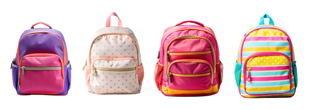 Set School Bags, Four Bright Colorful Backpacks, For Girls, For Boys, back to school, isolated on transparent background - Powered by Adobe