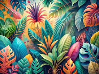 Vibrant jungle leaves transform into whimsical shapes and patterns against a soft pastel summer backdrop, evoking a surreal and dreamy abstract illustration of a fantastical world.