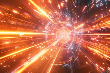 Fototapeta premium Futuristic 3D scene with abstract shapes and light beams, creating a vibrant scifi environment