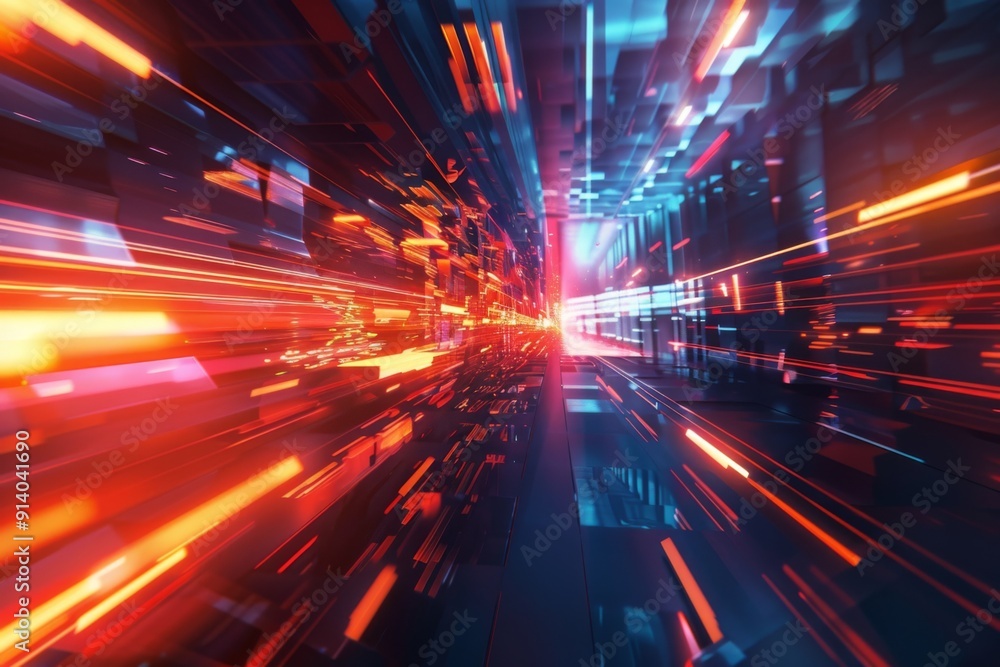 Poster futuristic 3d scene with abstract shapes and light beams, creating a vibrant scifi environment