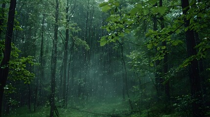 Ethereal Misty Rainy Forest Landscape with Lush Greenery and Copy Space