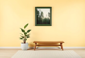 A modern living room with a white sofa, gray walls, and a framed plant artwork on the wall. The room also features potted plants on a shelf and a cozy, minimalist decor