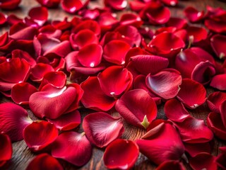 Delicate, velvety red rose petals scattered randomly, forming a beautiful, romantic composition, perfect for Valentine's Day, love, and beauty themed projects.