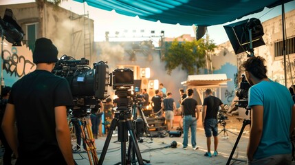Busy crew filming a movie scene outdoors, with lights, cameras, and teamwork creating cinematic magic