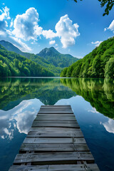 Fototapeta premium Peaceful lakeside retreat amidst lush forest with mountain backdrop and serene reflections