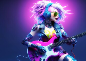Wild and graceful woman rock guitarist in music concept	