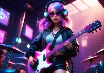 Wild and graceful woman rock guitarist in music concept	