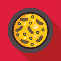 Minimalist illustration of a pizza with sausages and olives on a round plate, representing italian food and cuisine