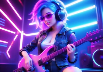 Fototapeta premium Wild and graceful woman rock guitarist in music concept 