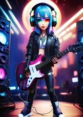 Wild and graceful woman rock guitarist in music concept	