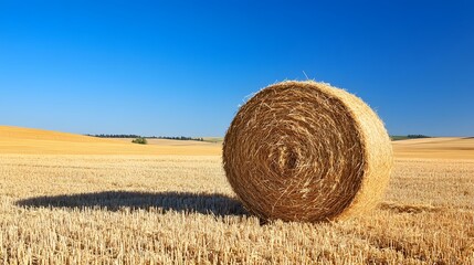 Golden hay bale, round straw roll, harvested wheat field, clear blue sky, cloudless summer day, vibrant countryside, rural landscape, panoramic view, sun-drenched farmland.