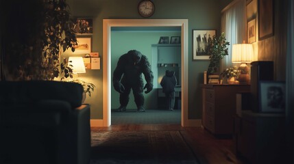 Man surprised by a bigfoot in a vintage living room, creating a spooky atmosphere with shadows and fear