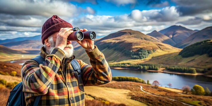Senior Man Hiking in the Mountains Using Binoculars. - Powered by Adobe