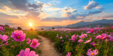 Fototapeta premium A Roadway Surrounded by a Field of Flourishing