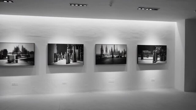 A modern art gallery featuring black and white photographs on display