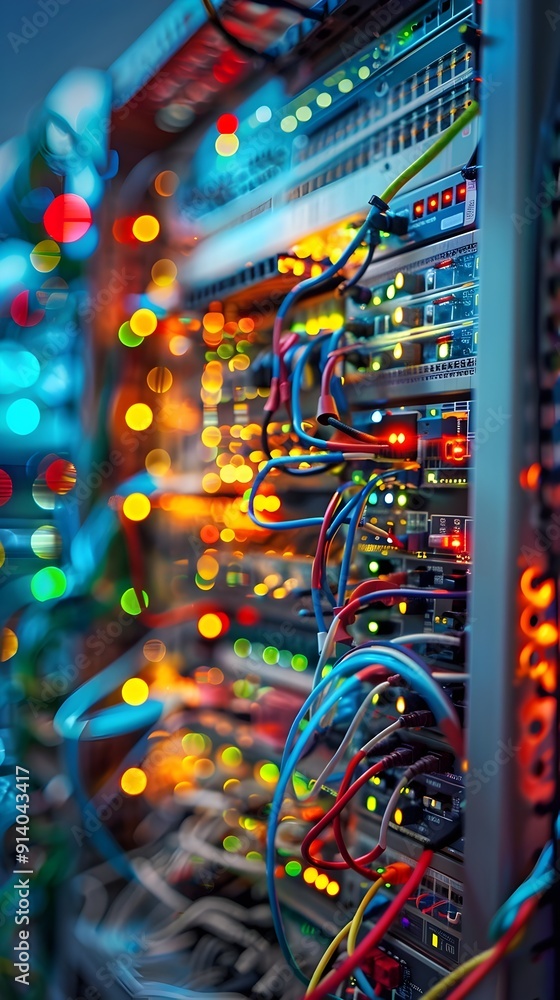 Poster network server rack with colorful cables and bokeh lights.